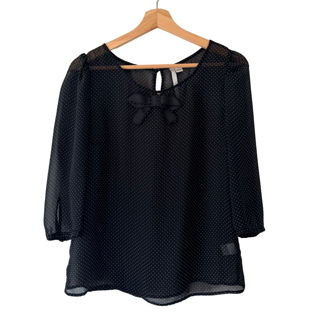 LC Lauren Conrad Twee Goth Rockabilly Black Polka Dot 3/4 Sleeve Sheer Blouse S